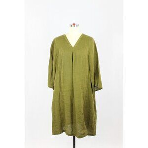 GUDRUN SJODEN Lagenlook Olive Green Linen Oversized V-Neck Tunic Dress, Size M